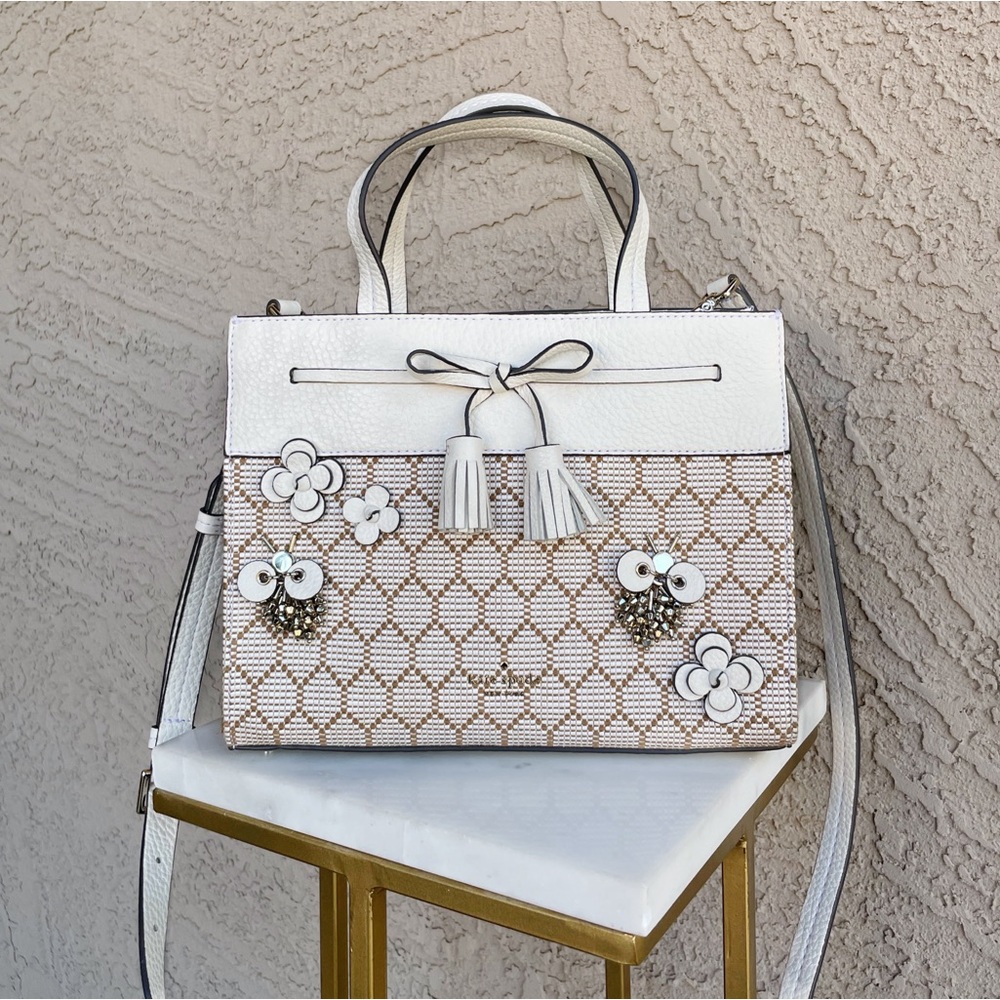 KATE SPADE White & Cream Honeycomb Beaded Bee Leather Crossbody Satchel Bag - Picture 1 of 13